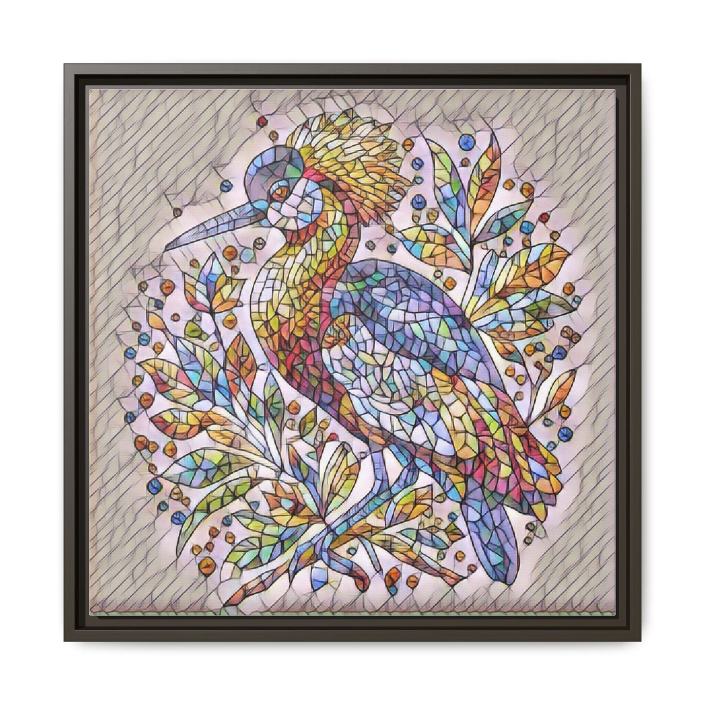 Colorful Stained-Glass Heron — Framed Matte Canvas Wall Art
