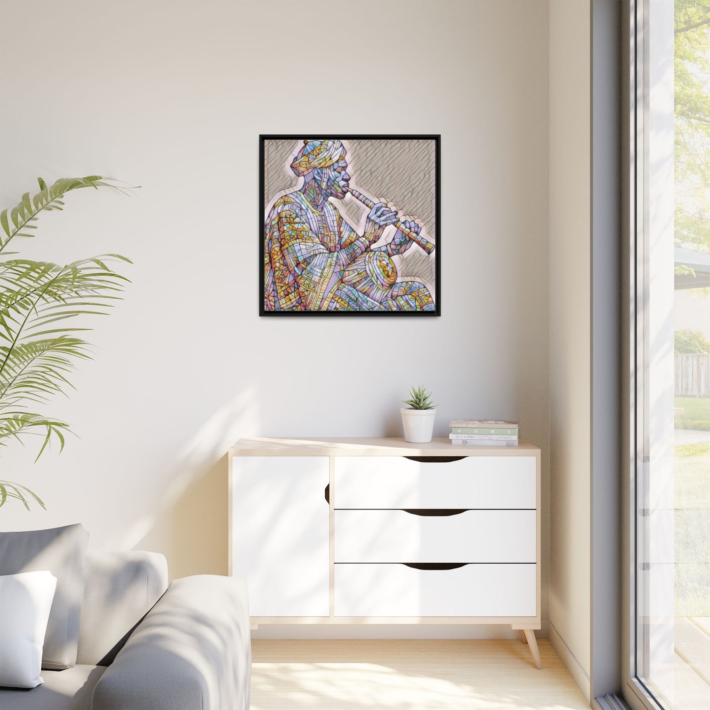 Framed Canvas Art — Colorful Middle Eastern Flute Player Print
