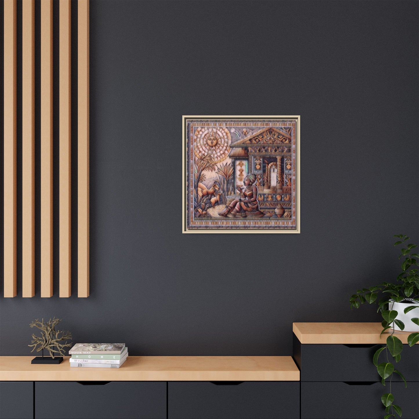 Egyptian Goddess Mosaic Framed Canvas Art — Colorful Ancient Ritual Wall Decor