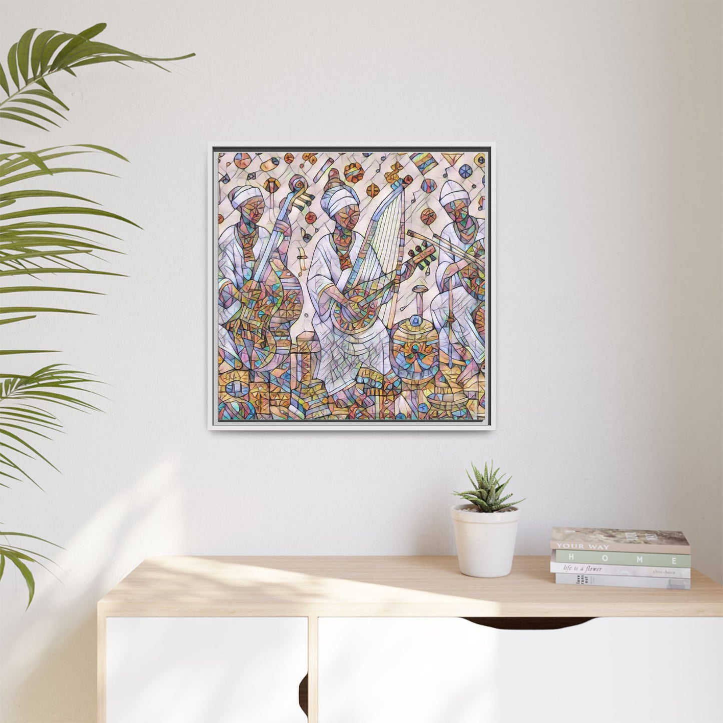 Framed Matte Canvas Print — Colorful African Musicians Stained-Glass Art