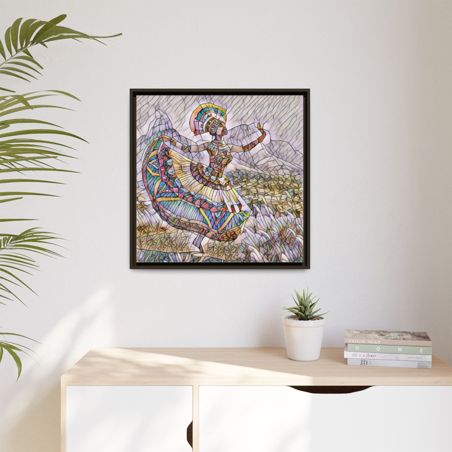 Ballerina Mosaic Framed Canvas Print — Colorful Ethnic Dance Wall Art