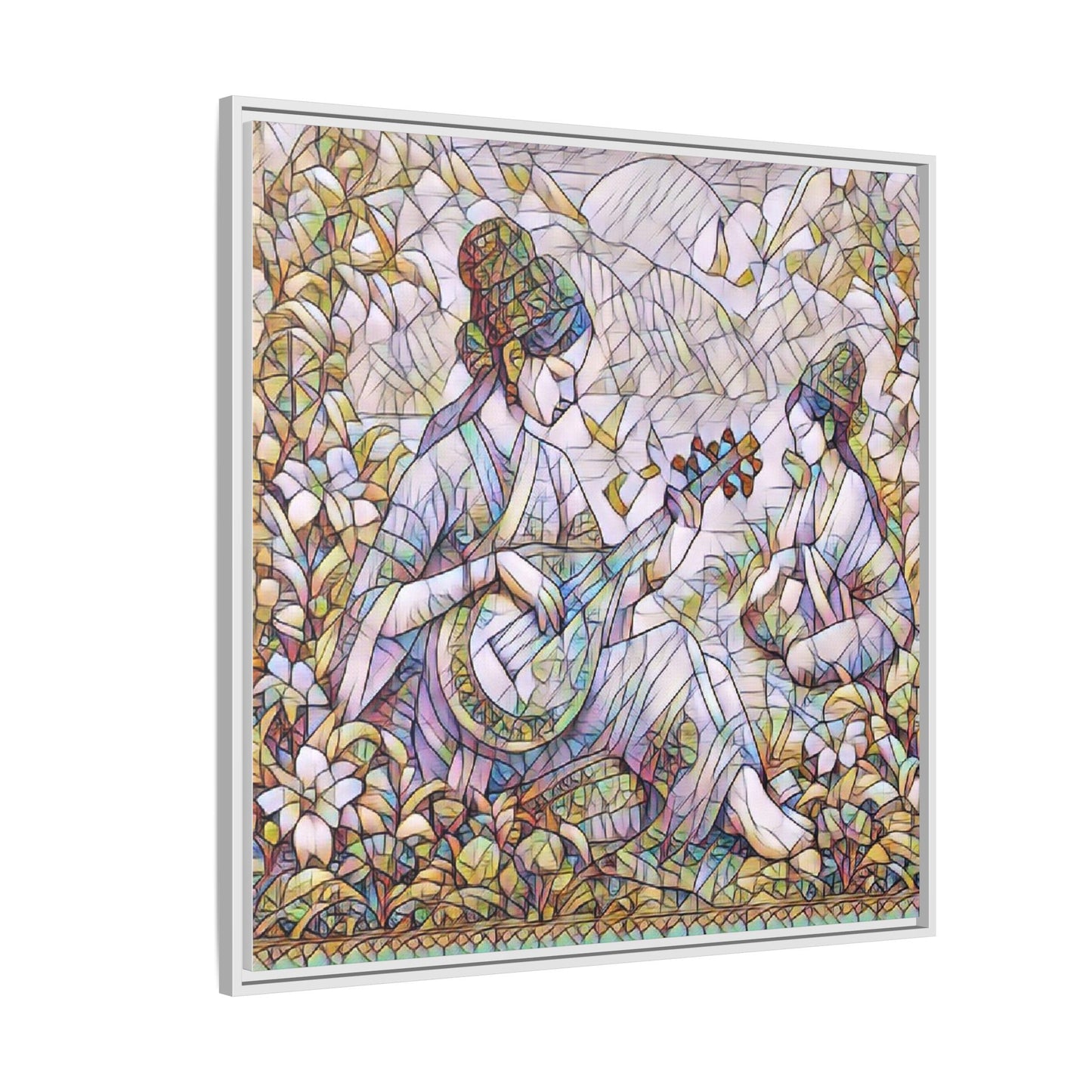 Framed Matte Canvas Art - Vintage Asian Musicians Floral Illustration