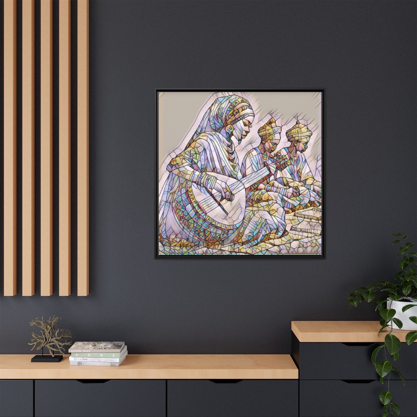 Framed Matte Canvas: Colorful Moroccan Musicians Wall Art